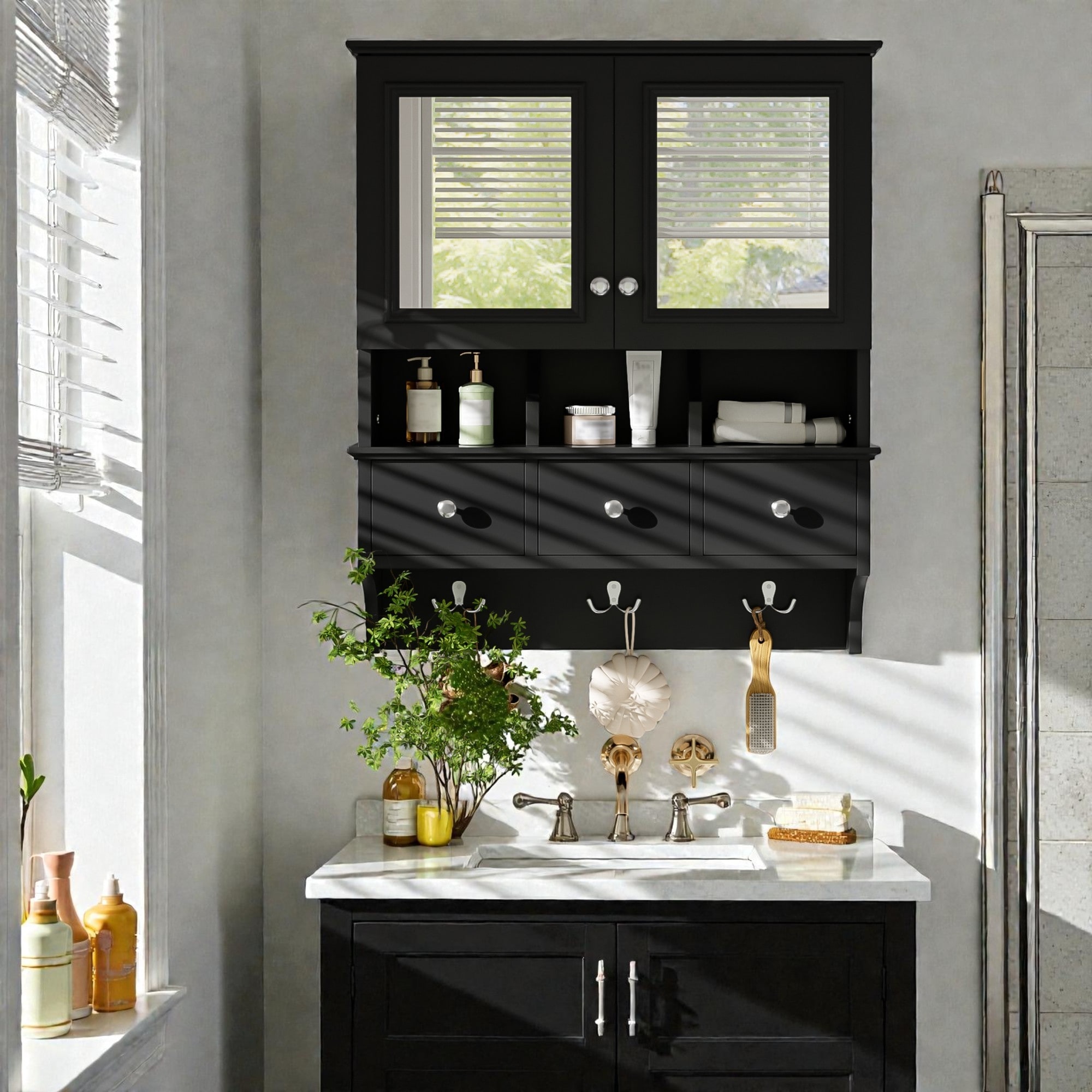 24 Inch 4-in-1 Wall Mounted Medicine Cabinet with Mirror, Drawers and Hooks, Bathroom Storage Organizer