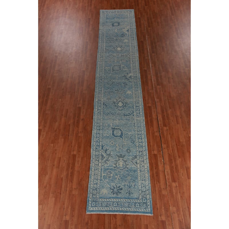 Hand Knotted Oriental 100% Wool Carpet Transitional Floral Navy Blue & Blues Oushak Runner Rug - 17' 4'' X 3' 1''