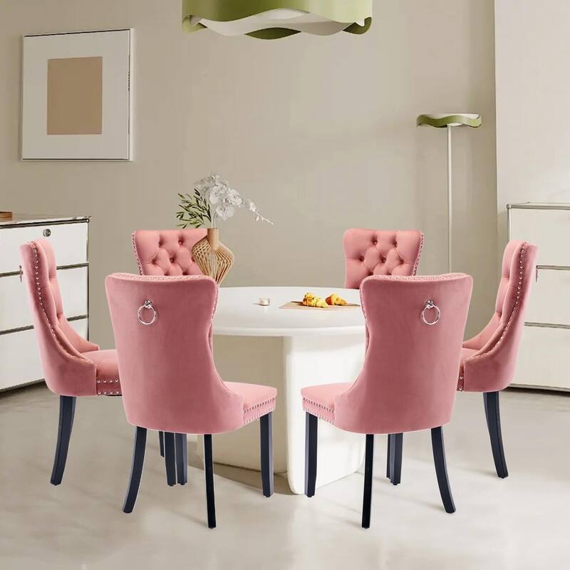 Tufted Naliheads Solid Wood Upholstered Dining Chairs Set of 6 - Pink BlackLegs