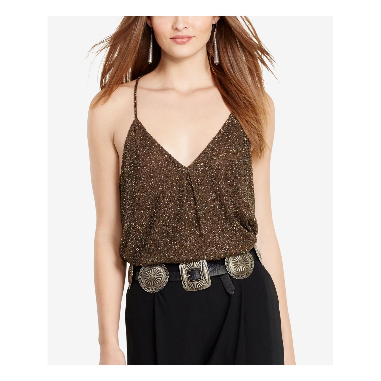 Shop Ralph Lauren Womens Brown Spaghetti Strap V Neck Party Top Size M Overstock 24314434