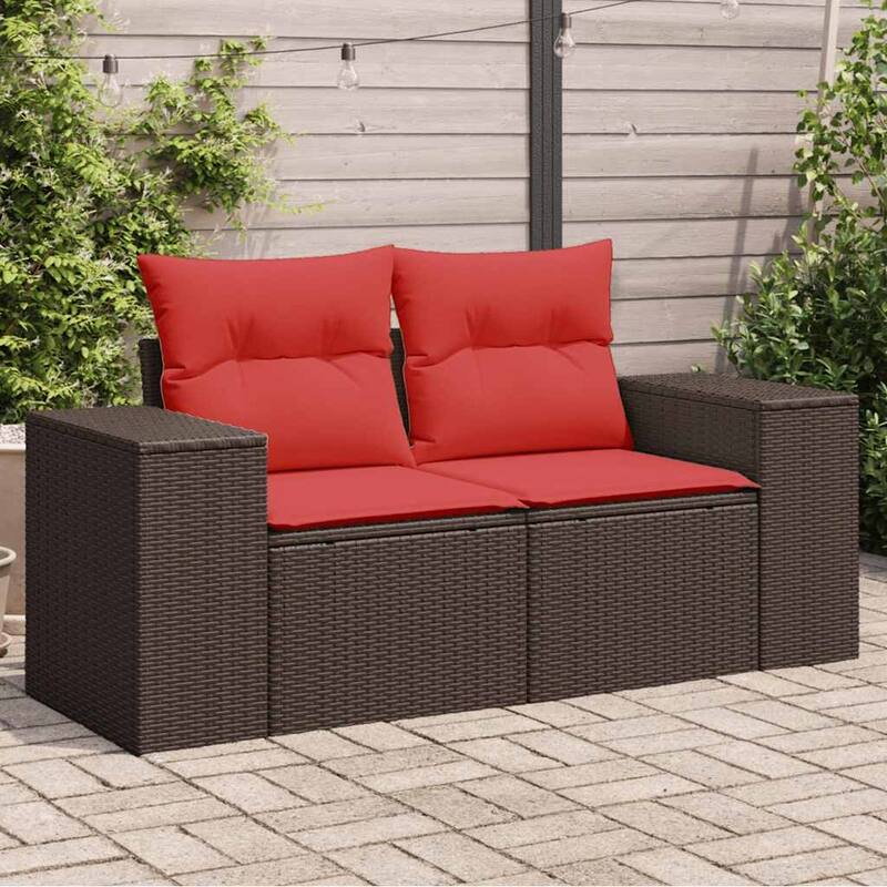 vidaXL Patio Sofa with Cushions 2-Seater Gray/Brown Poly Rattan - 73.2" x 24.4" x 27.2" - Brown without storage