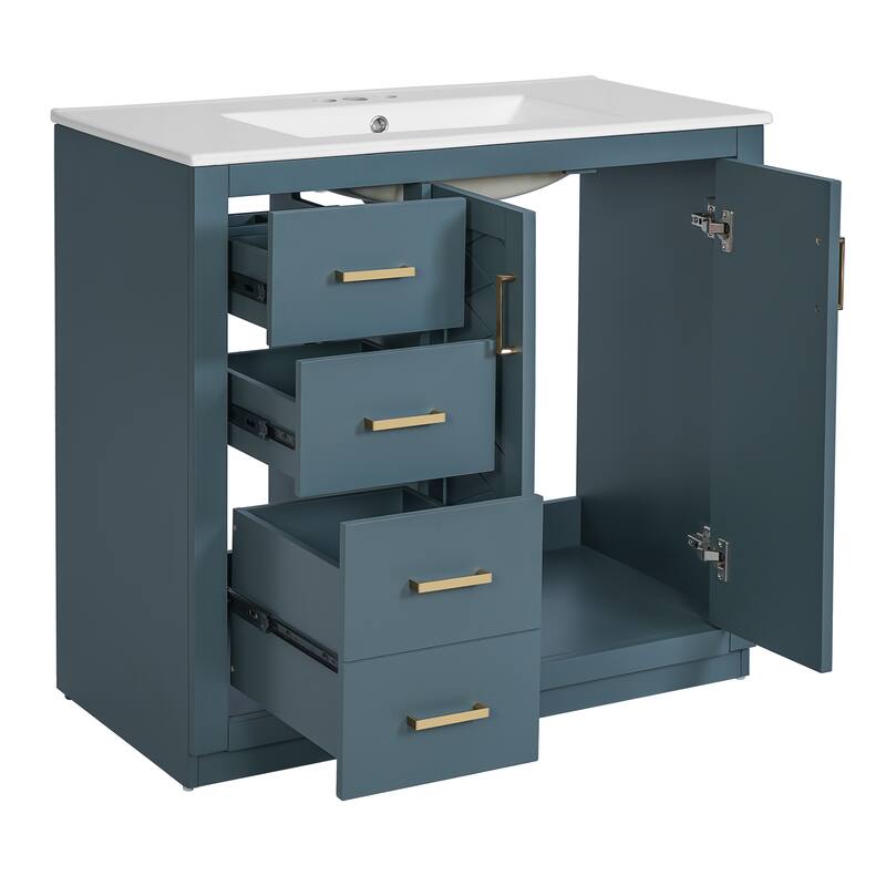 36'' Bathroom Vanity with Ceramic Sink Combo, Solid Wood Frame Bathroom Storage Cabinet with 3 Drawers& Soft Closing Doors