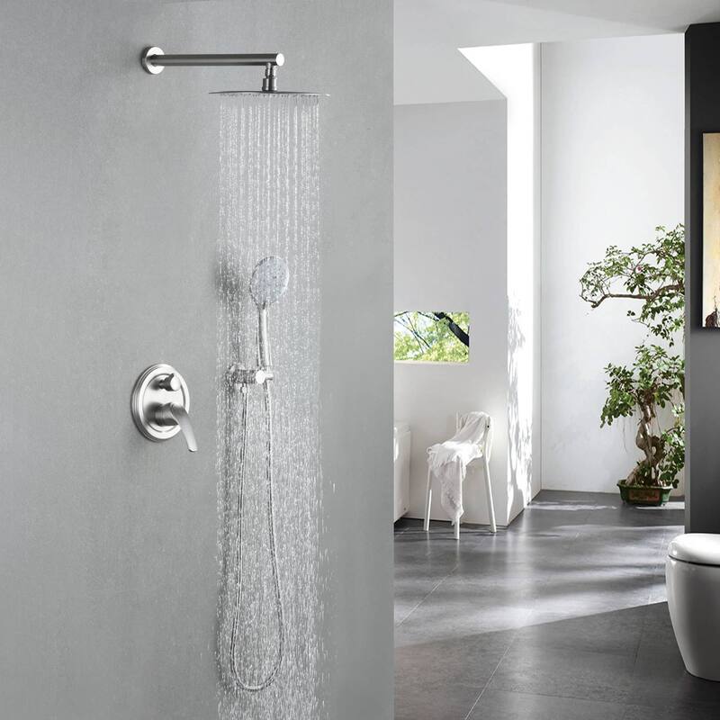 Wall Mounted Shower Faucet With 5-Mode Sprayer Hand Shower Rainfall Shower System Set With 10 Inch Rain Shower Head - Brushed Nickel