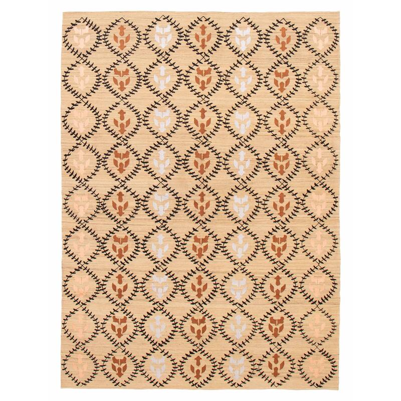 ECARPETGALLERY Flat-Weave Ankara FW Khaki Silk, Wool Kilim - 6'9 x 9'3 - Light Khaki - 6'9 x 9'3
