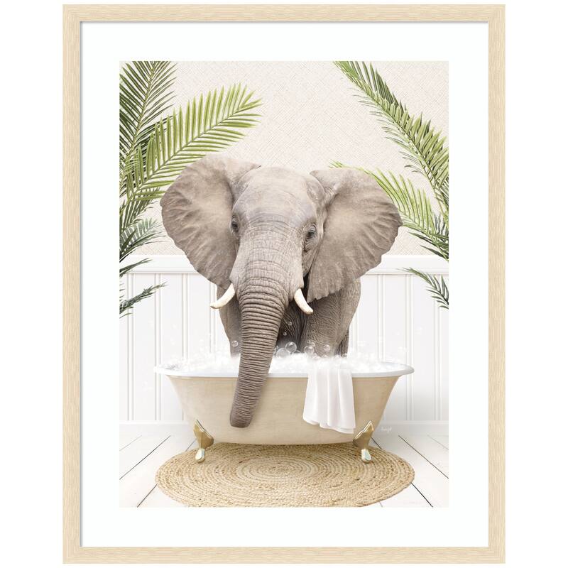Kate and Laurel Elephant Front Palm Bathtub by Amy Peterson Framed Wall Art Print - 27 x 34 - Natural