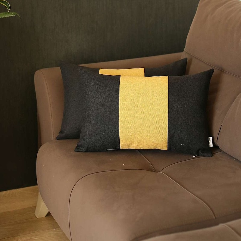 HomeRoots Set Of Two 20" X 12" Black And Yellow Geometric Zippered Handmade Polyester Lumbar Pillow