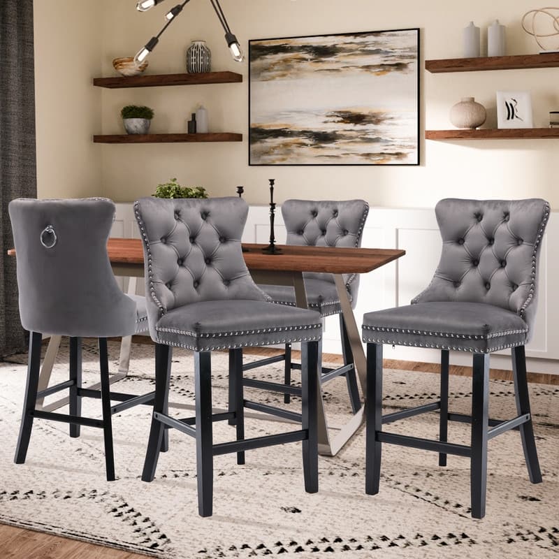 Contemporary Velvet Upholstered Counter Bar Stools Set of 4 - Grey