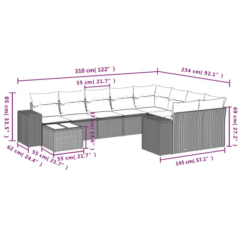 vidaXL 10 Piece Patio Sofa Set with Cushions Black/Brown/Gray Poly Rattan - 24.4 x 24.4 x 27.2