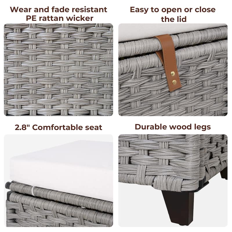 Wicker Storage Bench with Cushion for Bedroom, Living Room, Porch - 18.5'' H X 43.3'' W X 18.5'' D