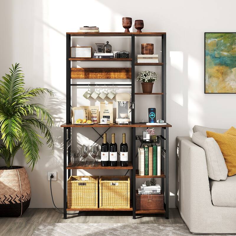 Gymax Bakers Rack w/ Power Outlet 6-Tier Microwave Stand w/ Wooden