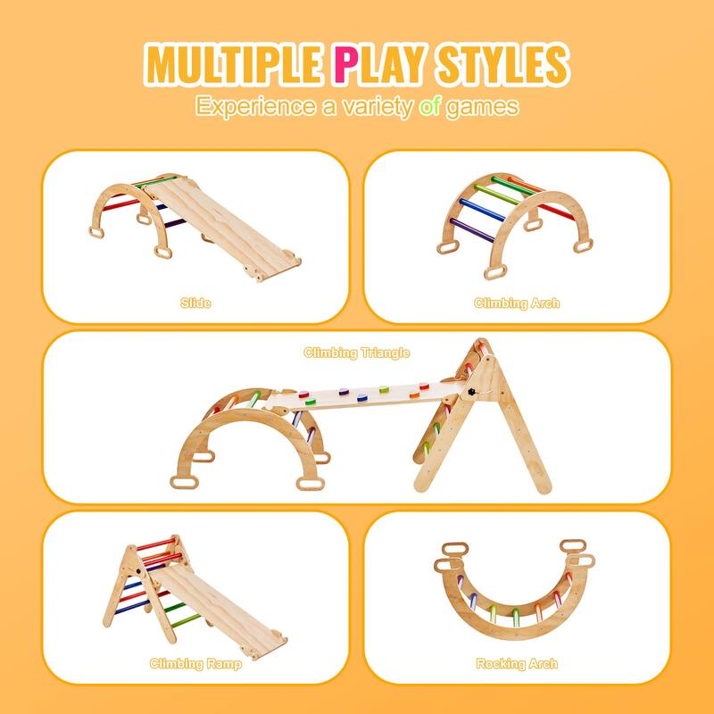 Pikler Triangle Set, Toddler Climbing Toys Indoor Playground, Ramp, and Arch, Montessori Climbing Set with Triangle