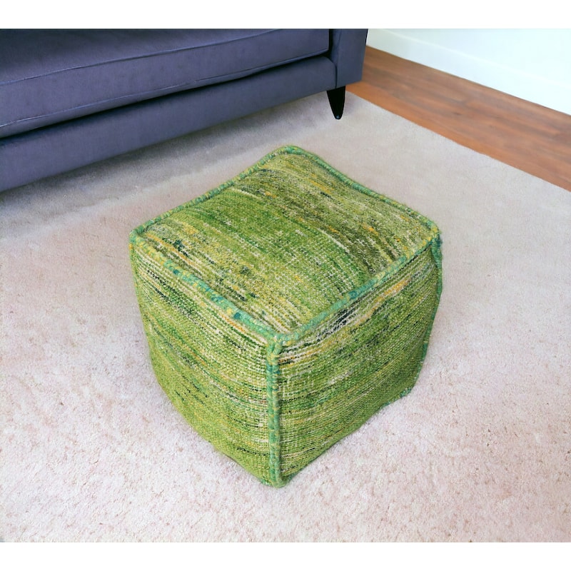 18" Green Recycled Silk and Cotton Blend Cube Pouf Ottoman - Green - 18' X '18' X '18