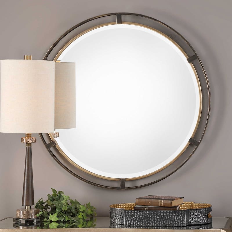 Uttermost Carrizo 36" Round Contemporary Bronze and Gold Wall Mirror - Rustic Bronze