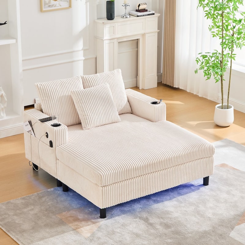 Modern Corduroy Oversized Recliner Sofa with Deep Seat, 3 Pillows, USB Charging, RGB LED Light Strip, Cup Holder, Side Pocket - Beige