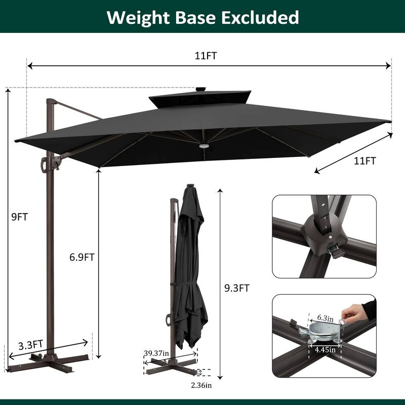 11 FT Square Outdoor Patio Cantilever Umbrella with Solar Lights Double Canopy 360 Rotation Tilt