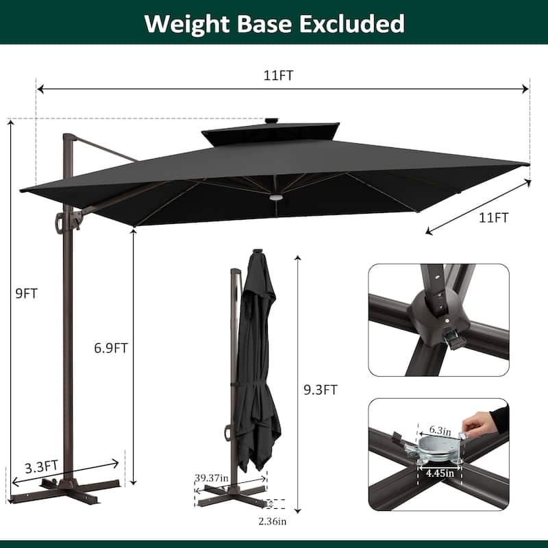 Pellebant 11X11 FT Outdoor Square Cantilever Patio Umbrella Solar LED Lighted