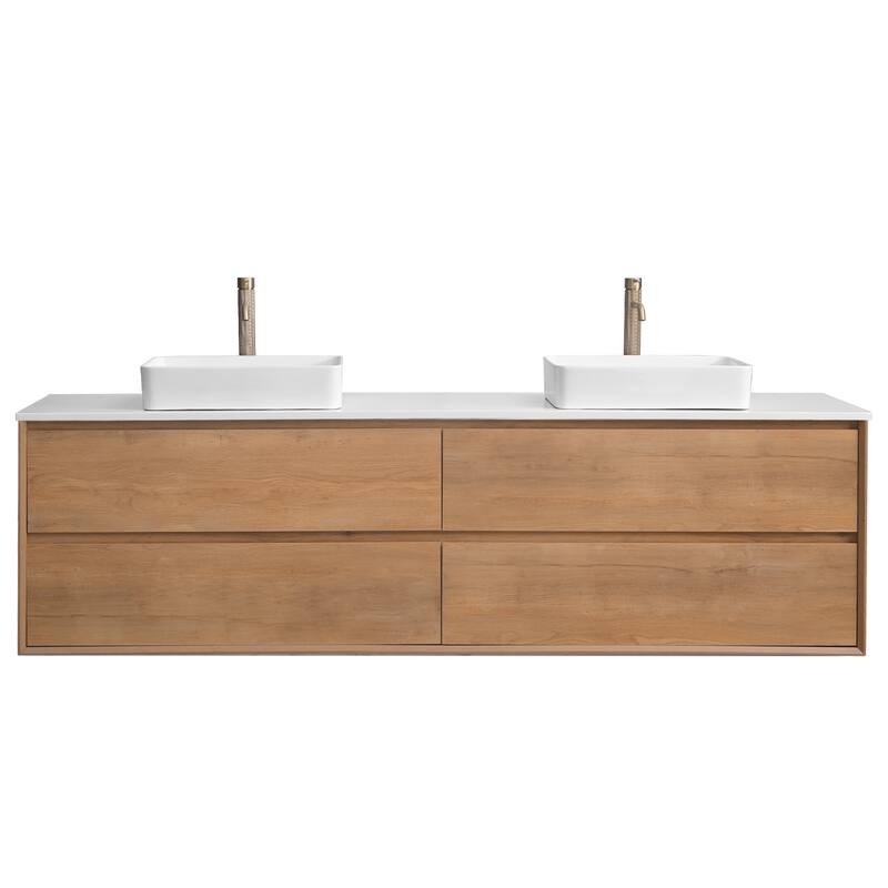 84" Floating Bathroom Vanity Quartz Counter Top with Double Ceramic Vessel Sink - Square