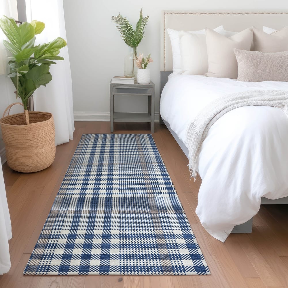 Machine Washable Indoor/ Outdoor Plaid Chantille Rug