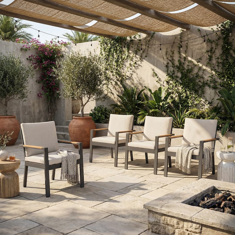 Outdoor Aluminum Dining Chair, Rust-Proof Patio Dining Chairs with Removable Cushions & Faux Wood Armrests