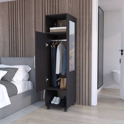 15.7" Modern Mirrored Armoire with Three Shelves, Casters and Hanging Rod