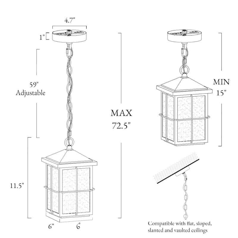 Bern Modern Farmhouse 1-Light Black Outdoor Pendant Light Patio Lantern - L 6" x W 6" x H 11.5"