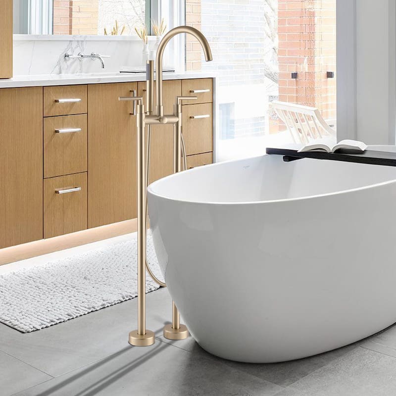 46"H Solid Brass 2-Handle Floor Mounted Tub Faucet with Diverter and Handheld Shower