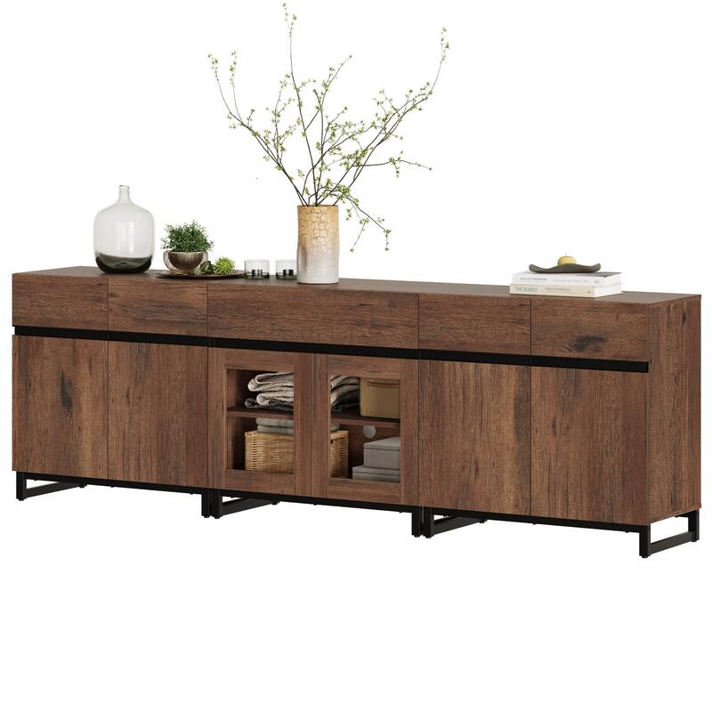WAMPAT Modern Sideboard with Adjustable Shelves and Drawer, 3 in 1 Storage Cabinet with Glass Doors for Living Room, Kitchen