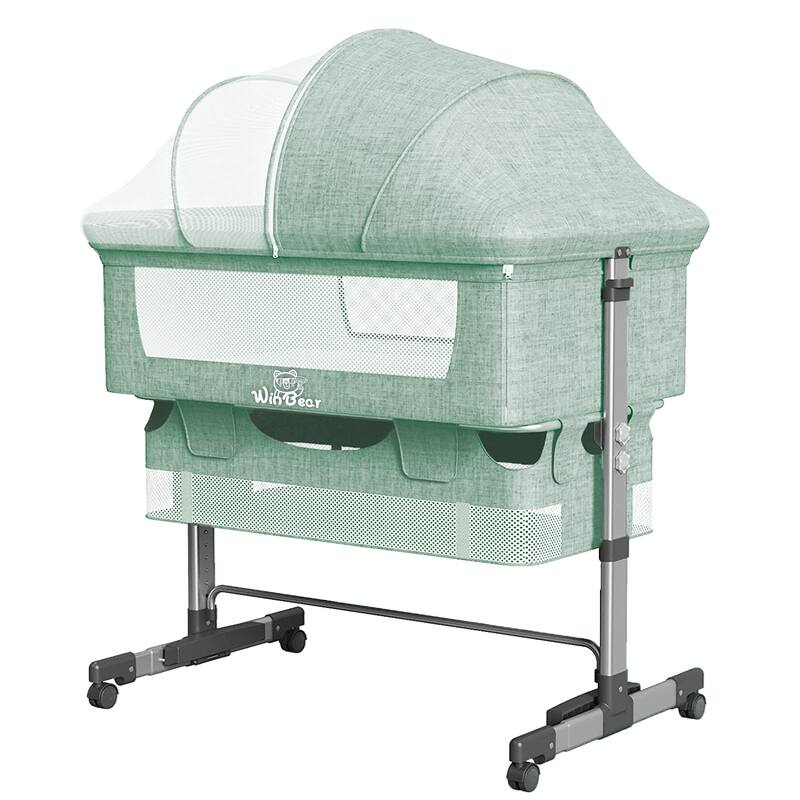 Adjustable Height Baby Bedside Sleeper Crib with Removable Mosquito Net Cover and Wheels - Green