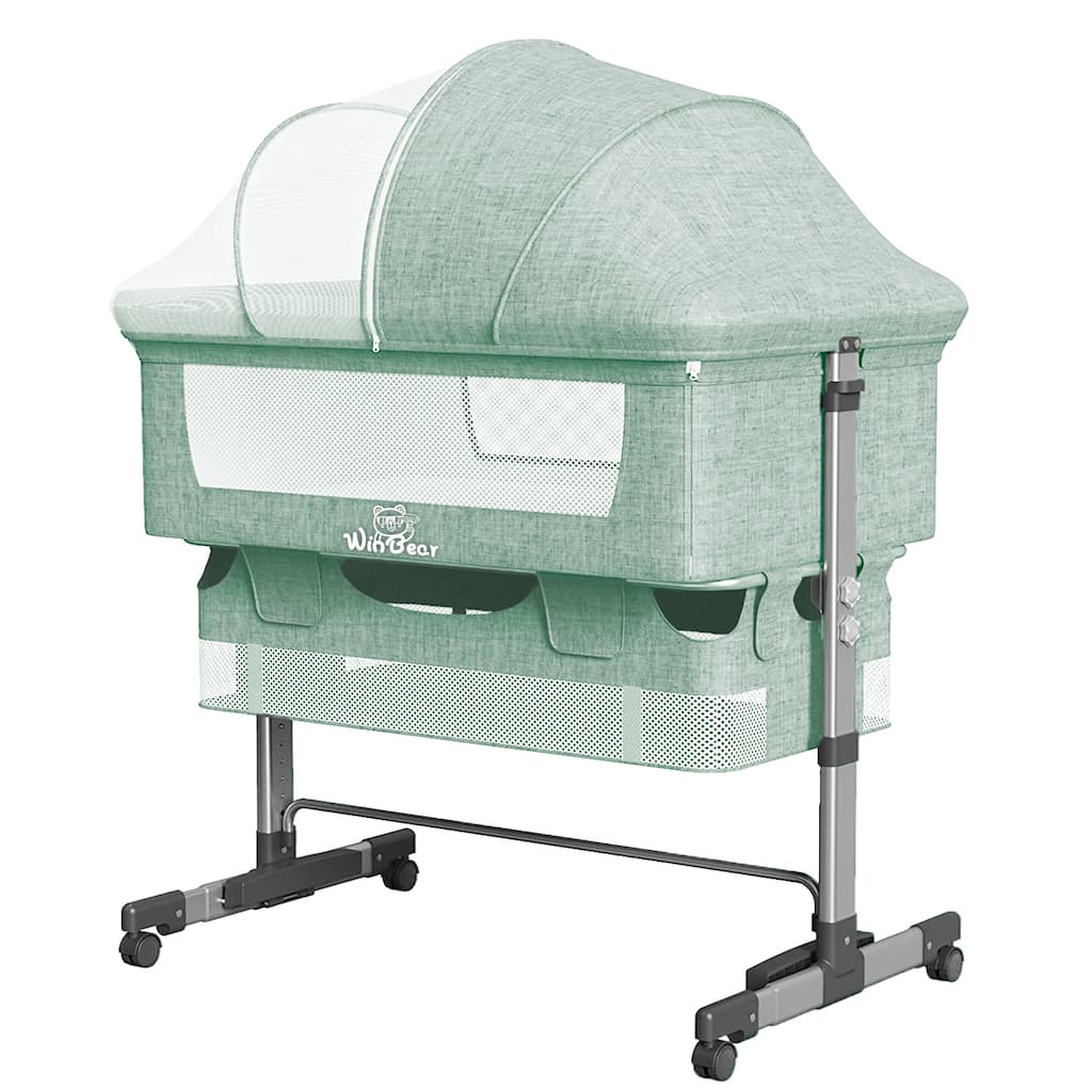 Adjustable Height Baby Bedside Sleeper Crib with Removable Mosquito Net Cover and Wheels