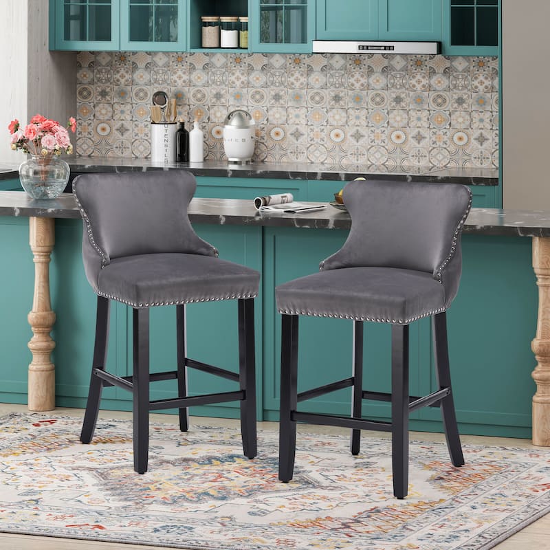 Contemporary Velvet Upholstered Wing-Back Barstools with Button Tufted Decoration Leisure Style Bar Chairs