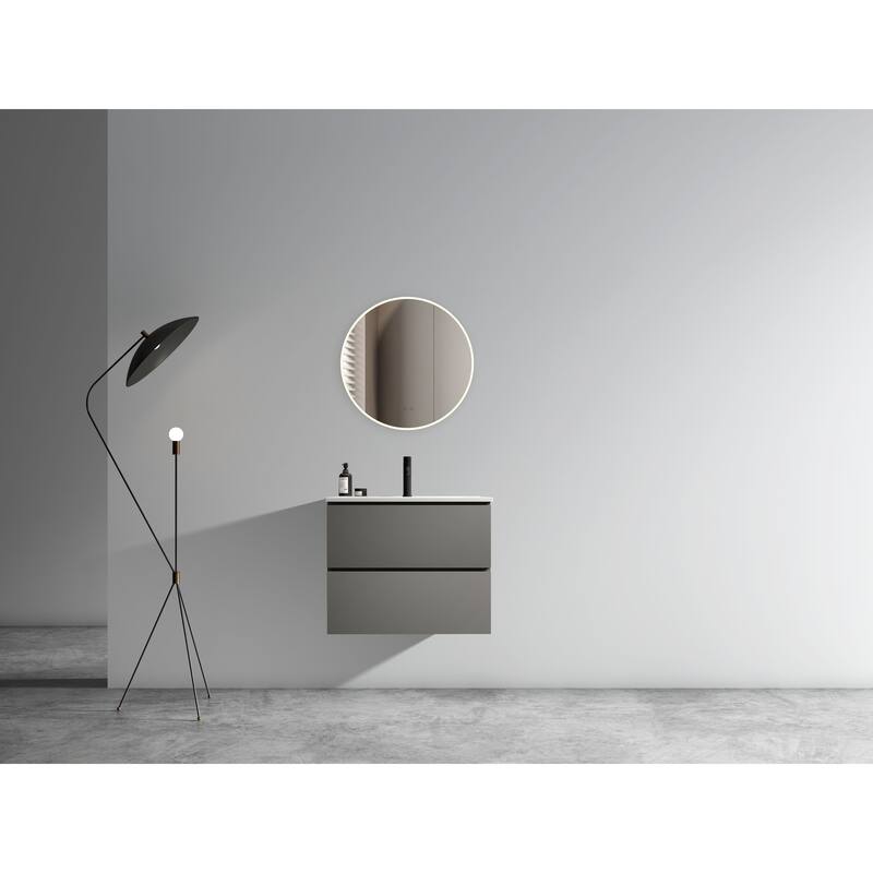 36-Inch Wall Mount Bathroom Vanity in Space Grey with Ceramic Sink, Large Storage
