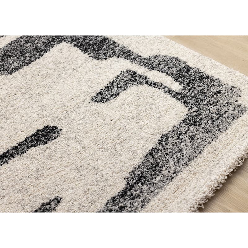 Maverick Collection - Distressed Lines White Black Plush Area Rug