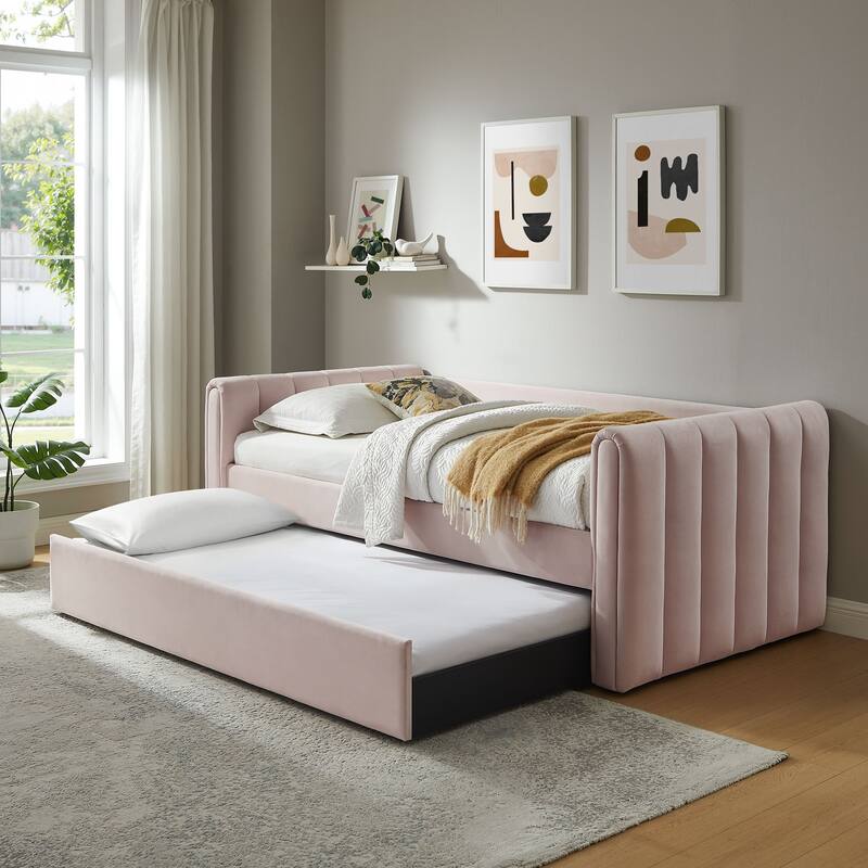 Veyla Channel Tufted Performance Velvet Twin Daybed With Trundle - Pink