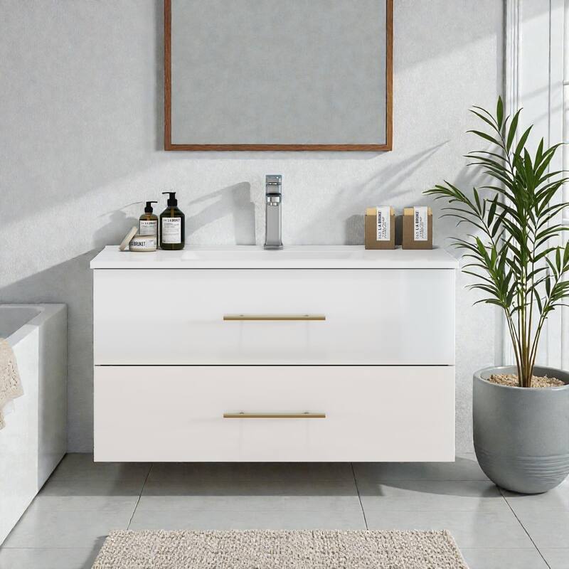 36" Gloss Wall-Mounted Bathroom Vanity with Integrated Ceramic Sink, Double Drawers & Long Gold Metal Handle - White