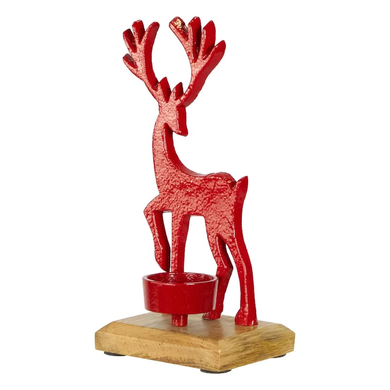 Reindeer Metal Christmas Tealight Holder - 8" - Red