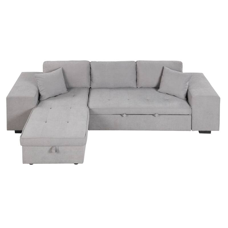 Convertible Sleeper Sectional Sofa, Reversible Sofa with Pull-Out Bed, Storage Chaise & 2 Stools, Linen Upholstered 4 Seat Sofa