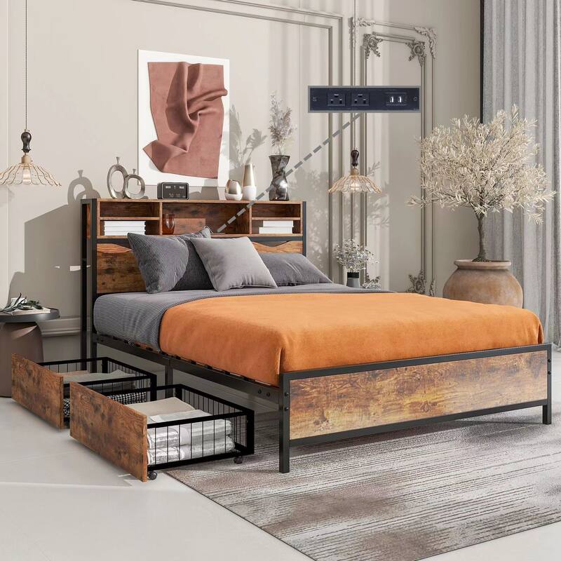 Full / Queen Size Rustic Storage Bed Frame with Bookcase Headboard with Power Outlets, 2 Under-Bed Storage Drawers Included🏕️ - Queen