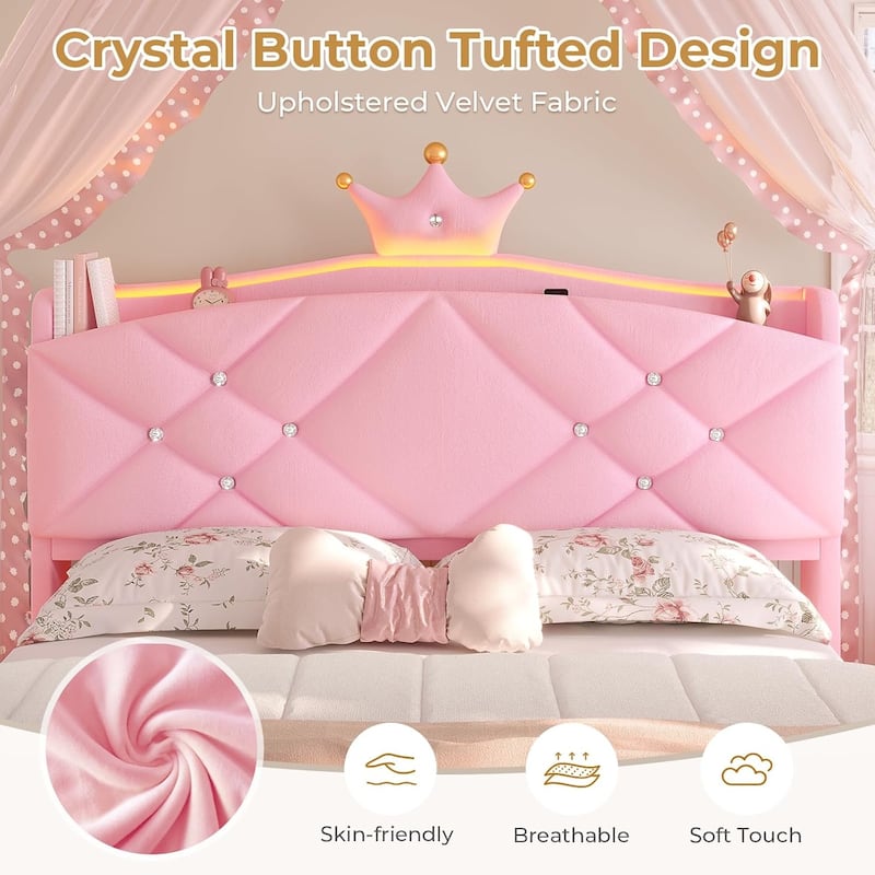 Princess Upholstered Bed with Headboard Charging Station Crystal Button Crown