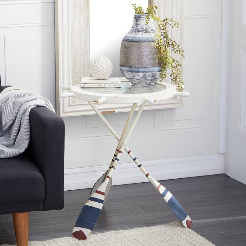 White Metal Ship Wheel Top Accent Table with Oar Shaped Legs - White