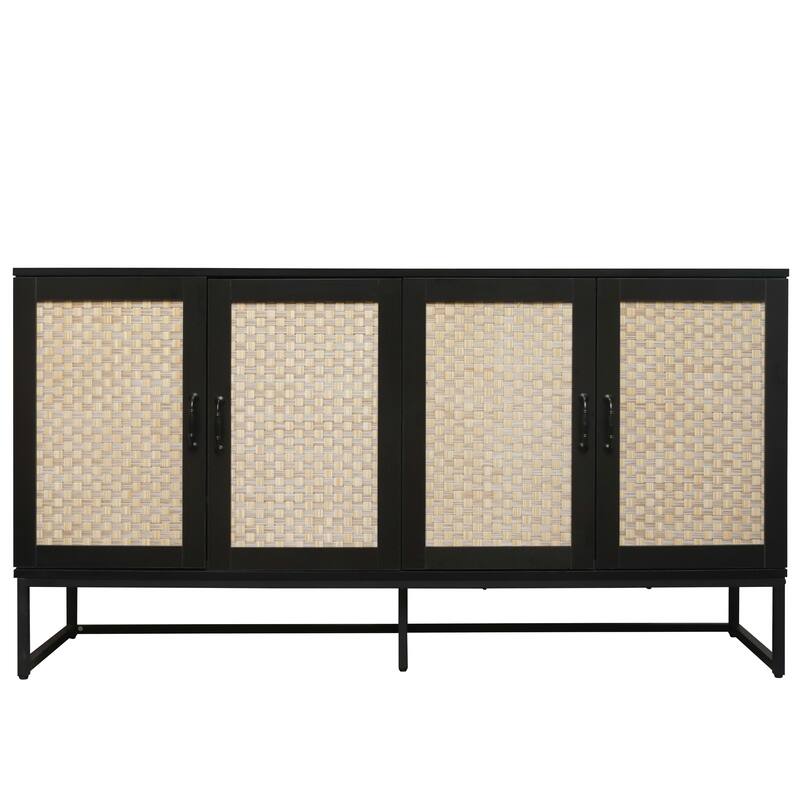 Engineered Rattan Buffet Accent Storage Cabinet 4-Door Sideboard with Adjustable Shelf, Cupboard Console Table Hallway Cabinet