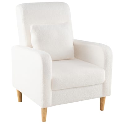 White Teddy Fleece Accent Chair with Lumbar Pillow and Wood Legs - 27.5" × 30" × 36.5"