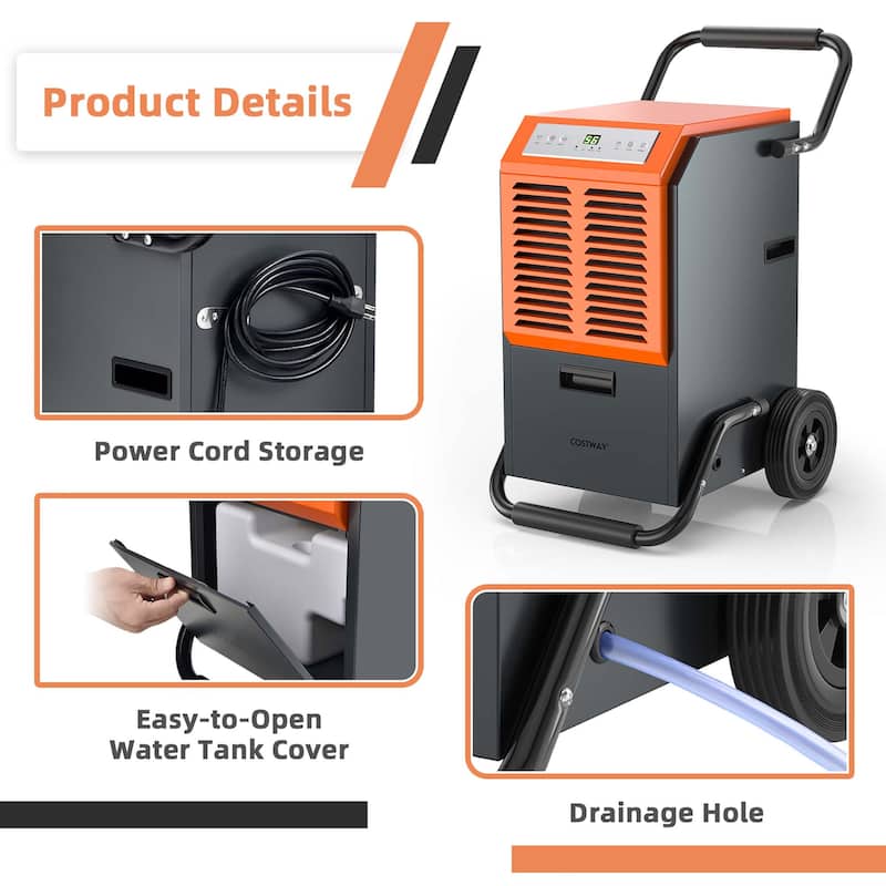 Costway 163-Pint Portable Commercial Dehumidifier with Water Tank & - 25'' x 17.5''x 31''