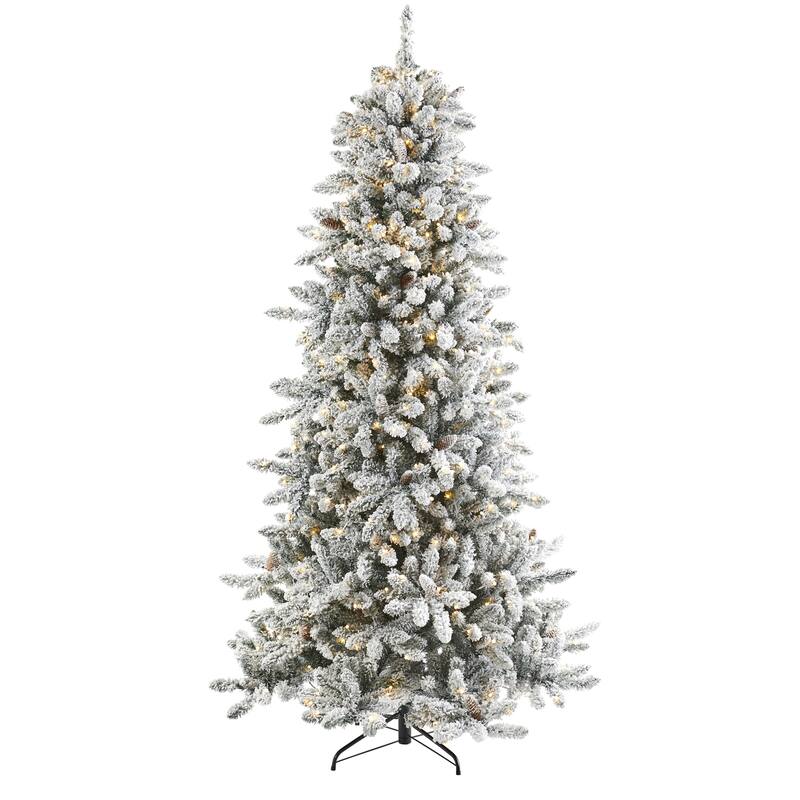 7.5Ft Artificial Christmas Tree with Lights & Pine Cones - Holiday Decor, Festive Tree, Living Room Tree - White - 84