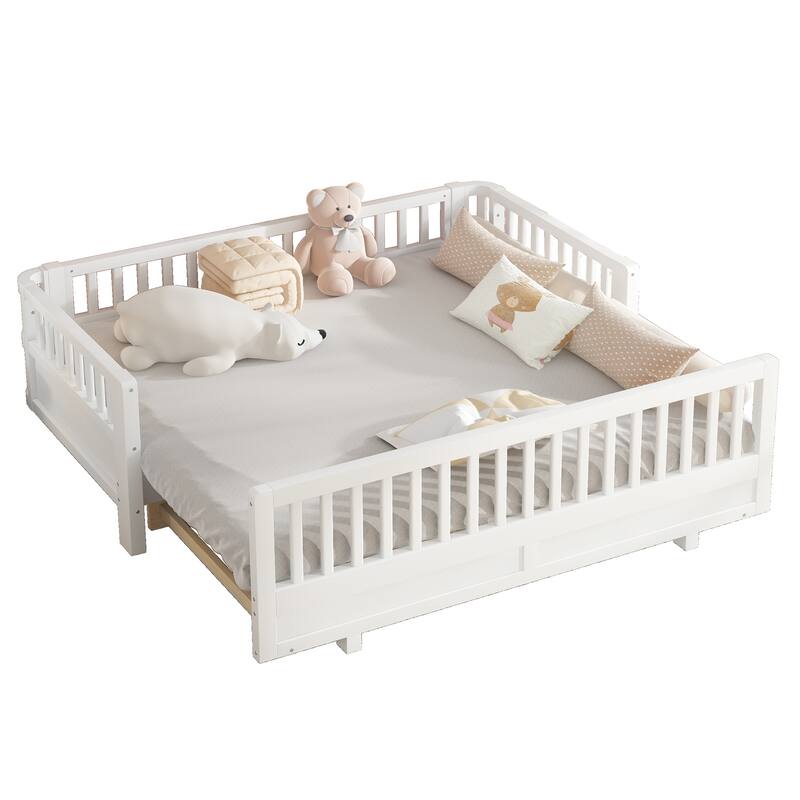 Wooden Platform Sofa Bed Frame with Guardrails, Solid Wood Pull Out Daybed, Can Be Converted into a Double Platform Bed