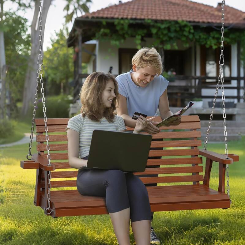 2-Seat Outdoor Wooden Porch Swing Bench with Hanging Chains & Wide Armrests & Cup Holder