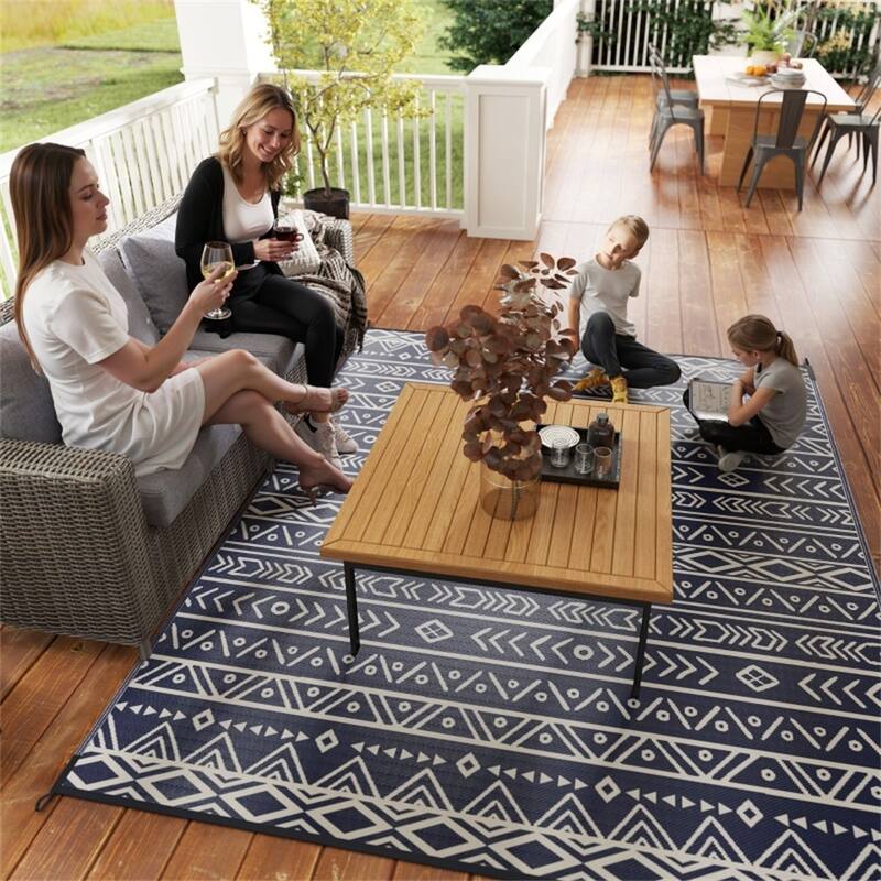 Reversible Outdoor Rug Blue White Geometric UV Protected Foldable Camping RV Patio Picnic Mat - 120.1" L x 95.7" W