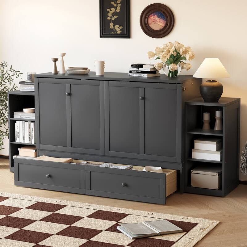 Foldable Wall Cabinet Queen Murphy Bed with Drawers and Open Shelves