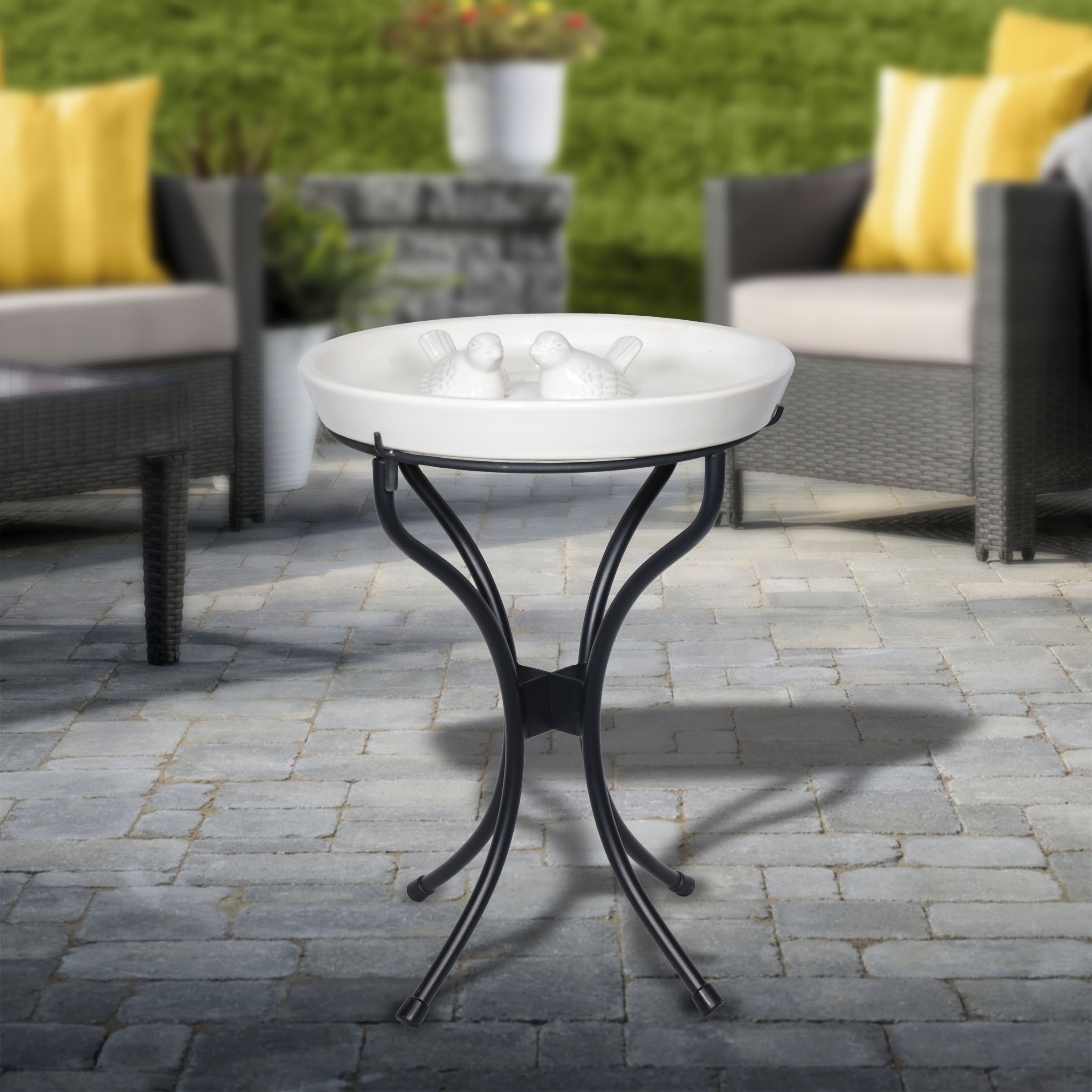 12 in. H Outdoor Ceramic Birdbath White with Metal Stand