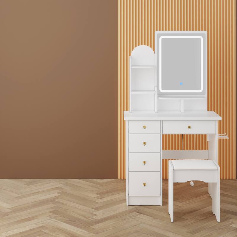 Vanity Set with Stool, Lighted Mirror, Outlets,Makeup Table Dressing - 31.5"W