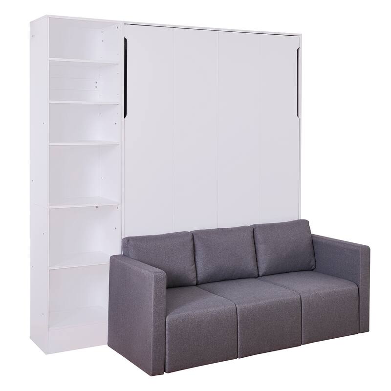 White Full Size Murphy Bed with Sofa and Built-in Shelves, Space-Saving Design